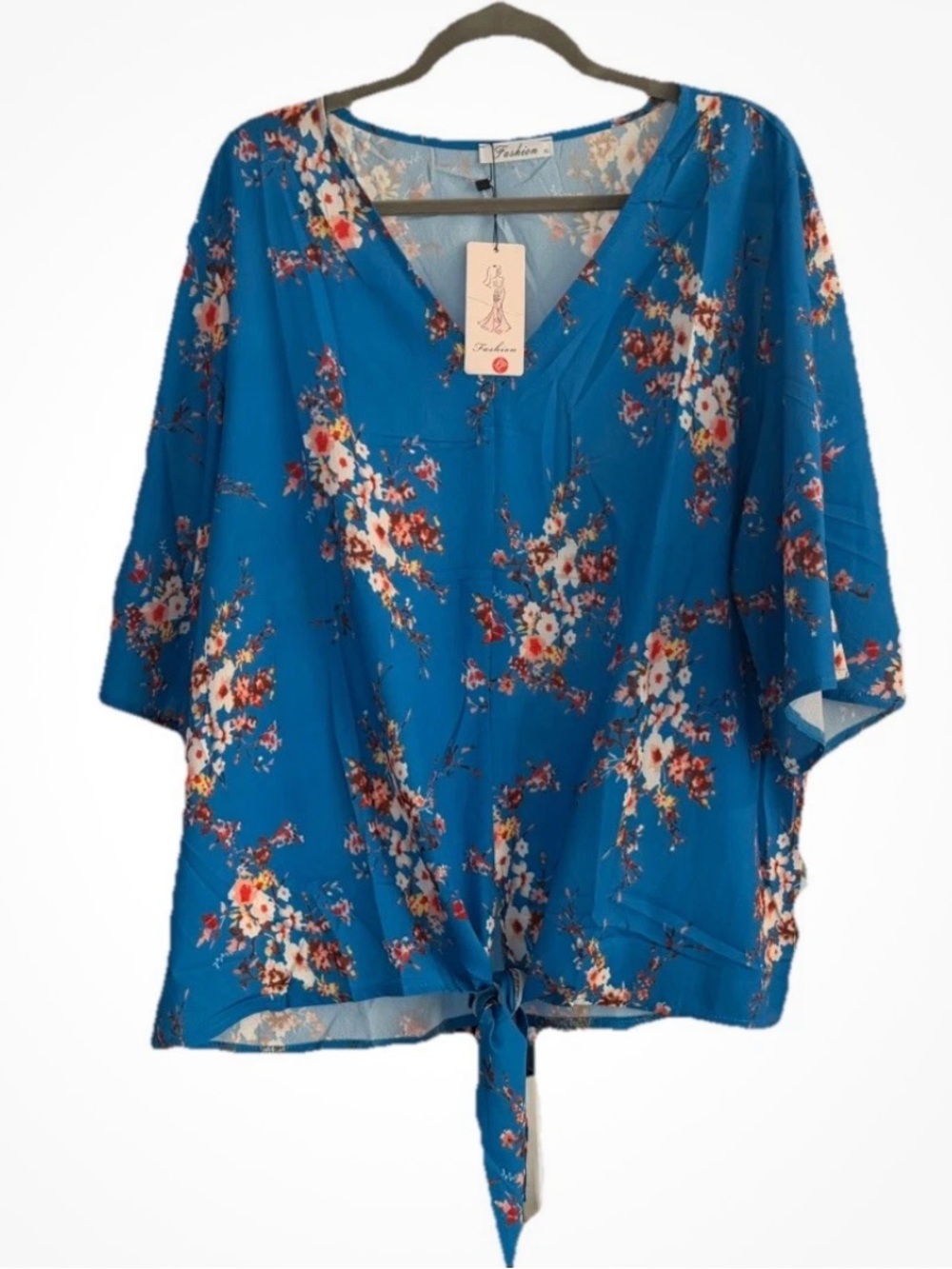 Blue Floral Tie-Front V-Neck Blouse size XL